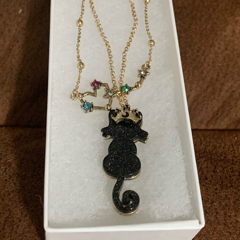 New BETSEY JOHNSON black cat stars moon necklace set 2 piece heart